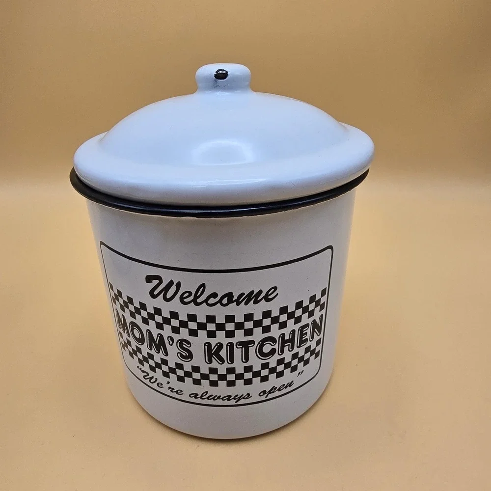 Vintage Mom's Kitchen Enamel Canister Set White Black Checkered 3 Piece Rustic